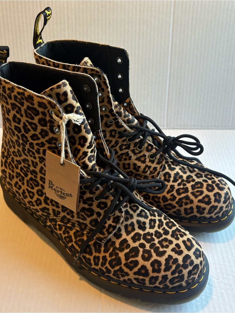 Dr. Martens Kids Leopard Print Lace-Up Boots in tan and black